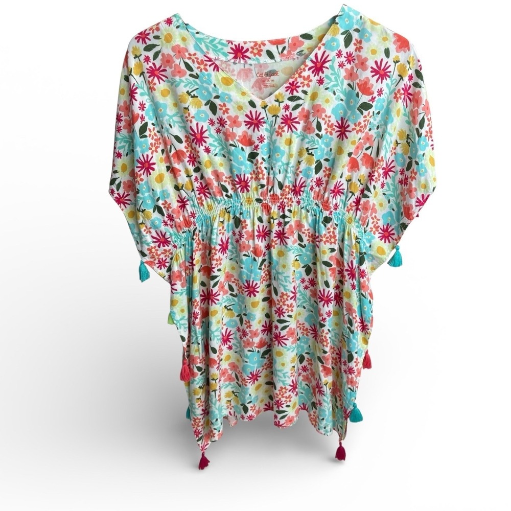 Cat & Jack Floral Kaftan Swim Cover Up Girls Tassel Trim V-Neck White XL 14/16 - Picture 2 of 10